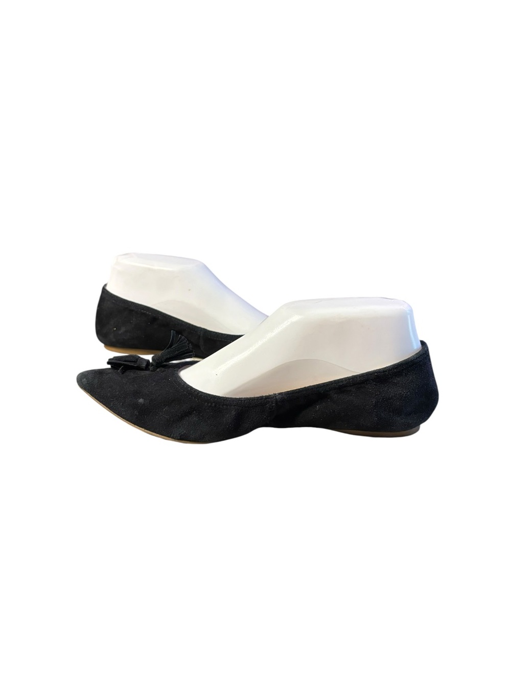Women's Black Suede Pointed Toe Tassel Ballet Flats - Picture 2 of 16
